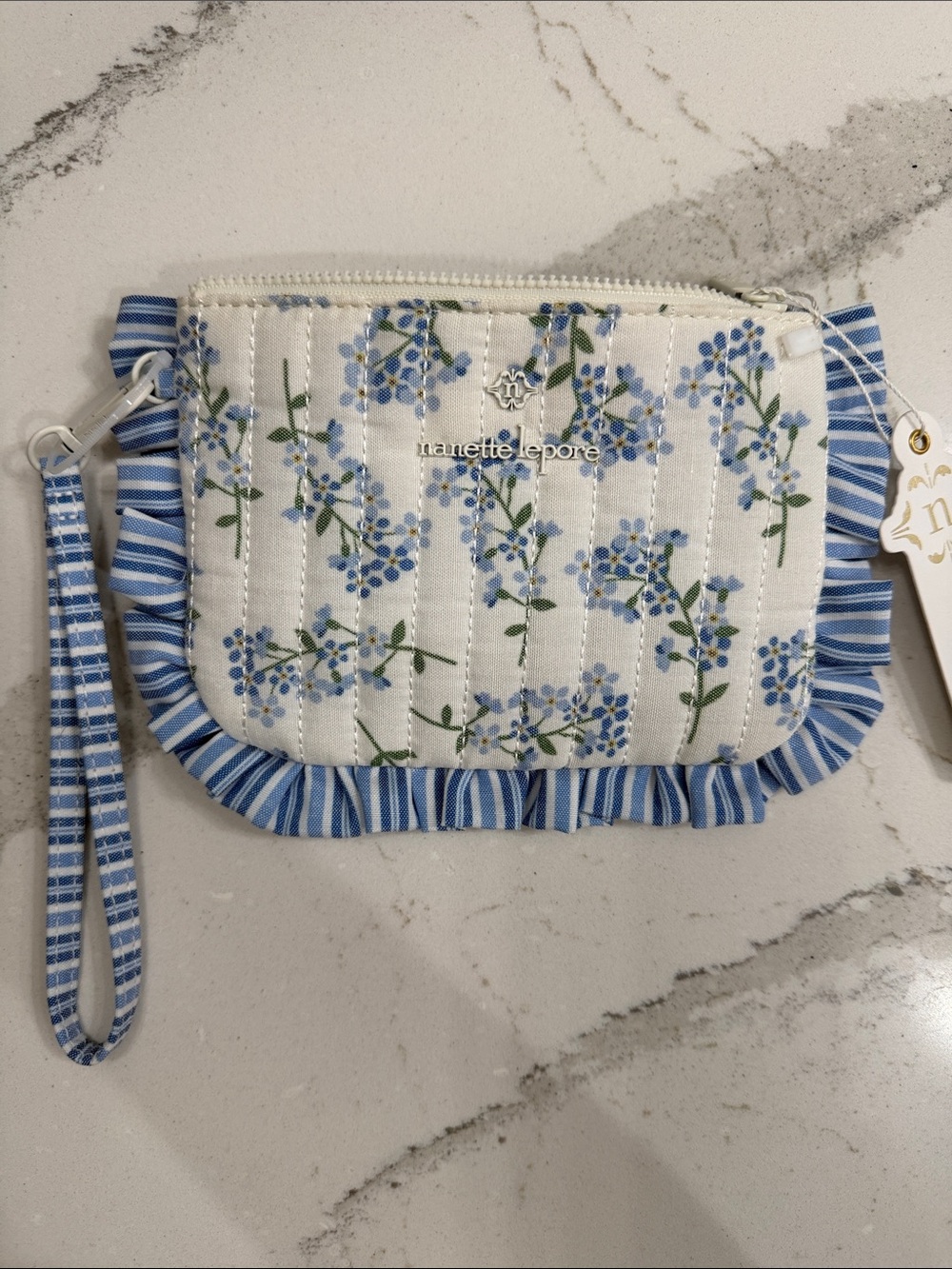Nanette Lepore Kylee Blue Bonnet Stripe Ruffle Wristlet/Pouch Bag NWT